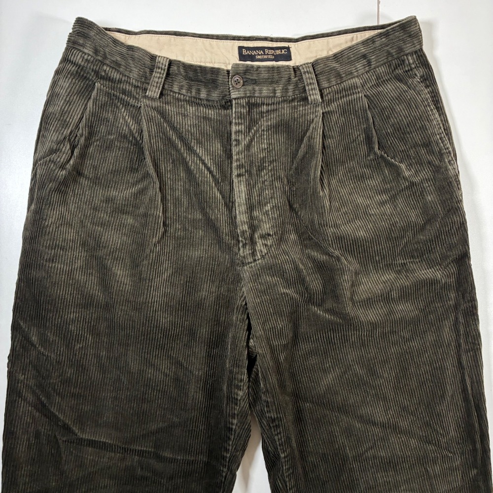 Vintage Banana Republic Smithfield Corduroy Pants 34x30 Green Pleated Cuffed 90s